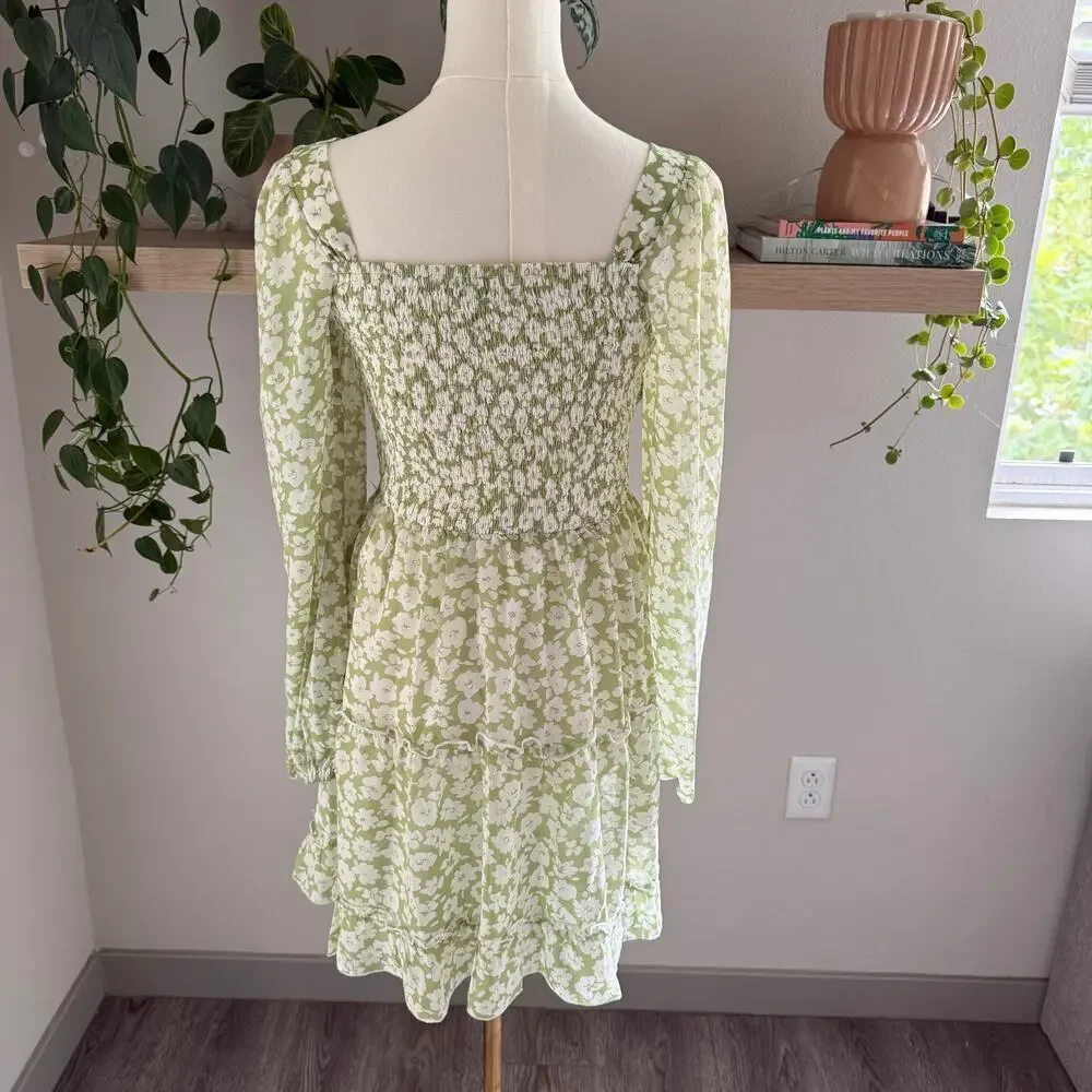 Lulus Green Floral Smocked Tiered Long Sleeve Mini Dress M Coquette Cottage